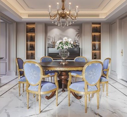 bộ bàn ăn Louis tròn 6 ghế cổ điển và sang trọng