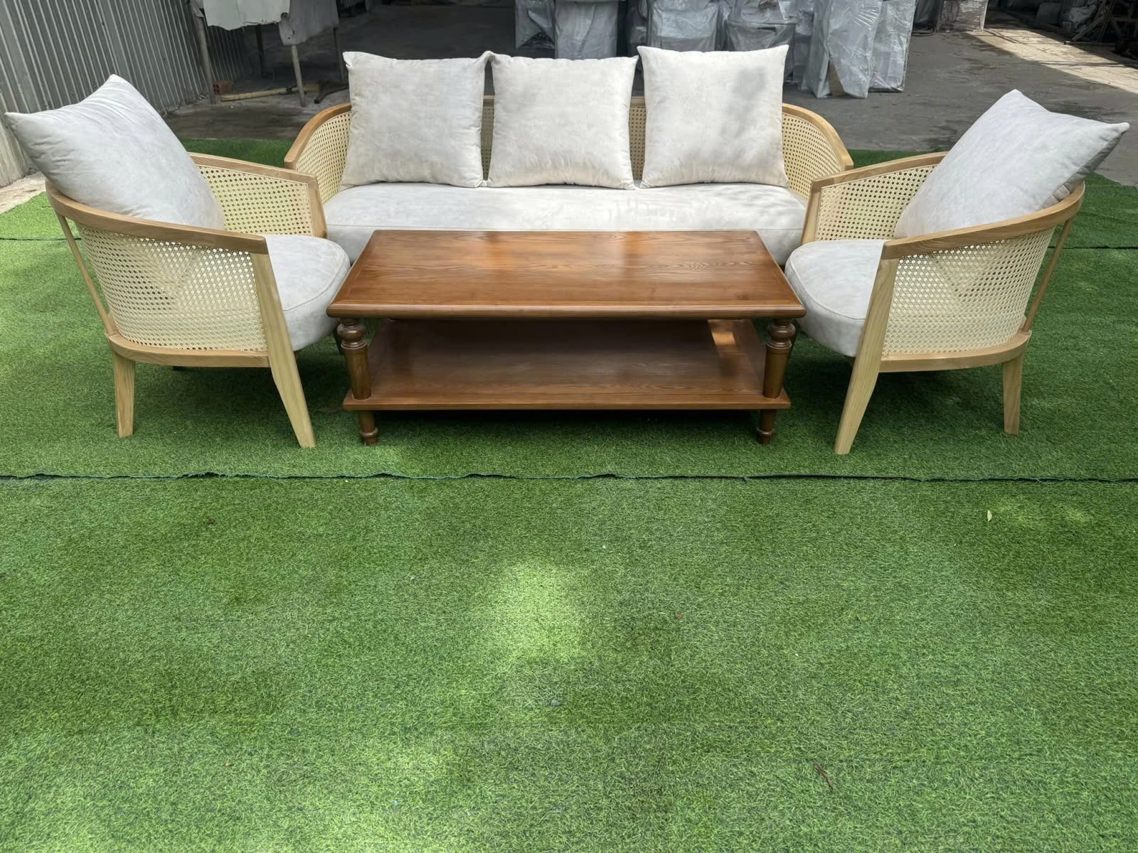 Bộ sofa phòng khách gỗ đan mây